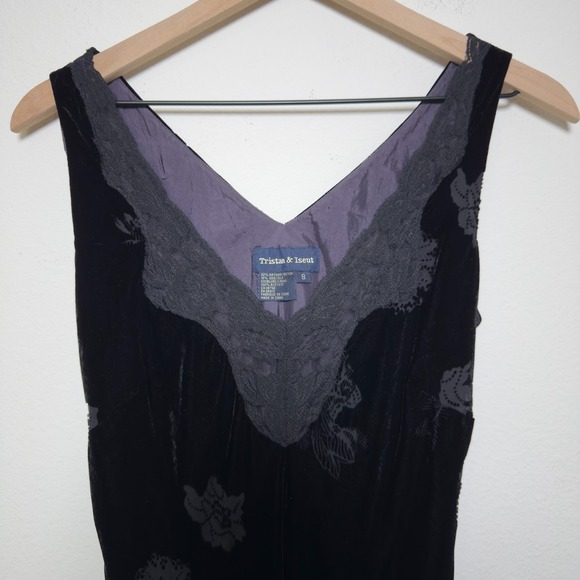 VTG Y2K 90s Women Fairy Grunge Velvet Burnout Silk Evening Dress Midi Lace Trim - Picture 3 of 13